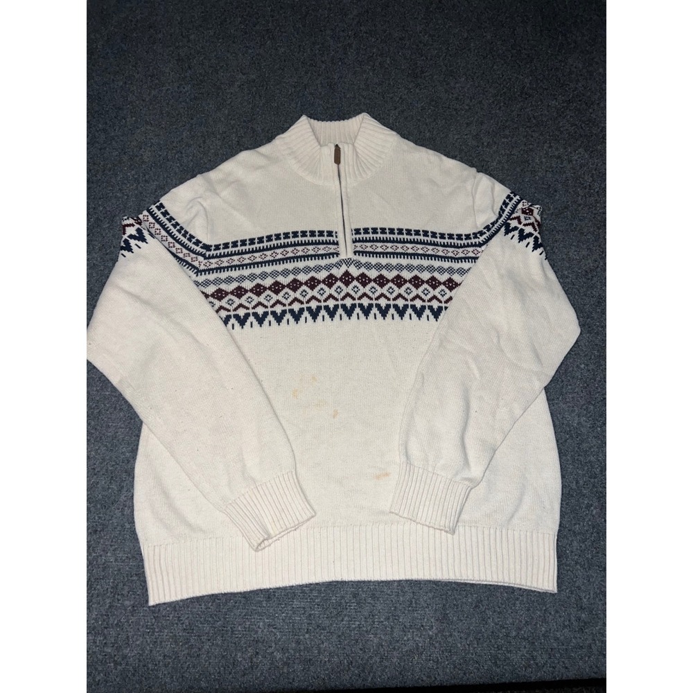 St Johns Bay Mens XL Quarter Zip Fair Isle Sweater Cream Cotton Blend Knit